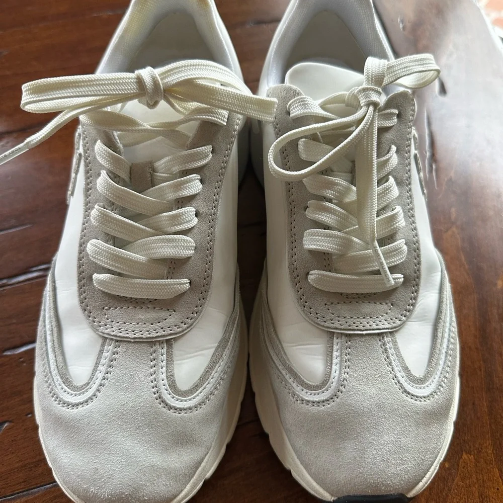 Tory Burch White and Light Gray Leather & Suede Platform Sneakers - Picture 7 of 8